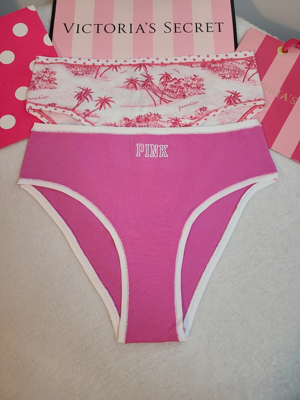 VS PINK 2pk Soft Cotton Modal High Leg Cheeky Panties Size Lg Pink White